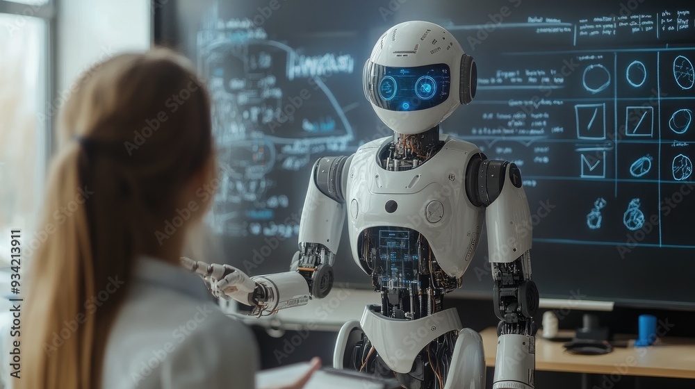 Fototapeta premium AI Robot Teaching Human in High-Tech Classroom with Blackboards and Advanced Technology