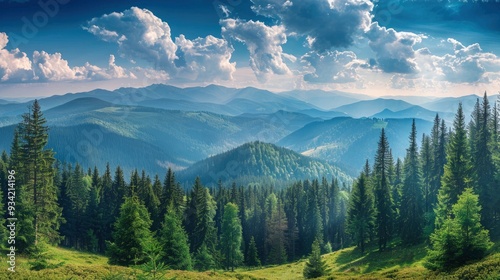 Magnificent panoramic view the coniferous forest on the mighty Carpathians Mountains and beautiful blue sky background. Beauty of wild virgin Ukrainian nature. Peacefulness , ai