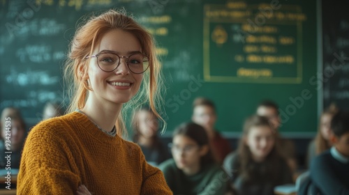 Young woman successful student standing in the school with other students and blackboard