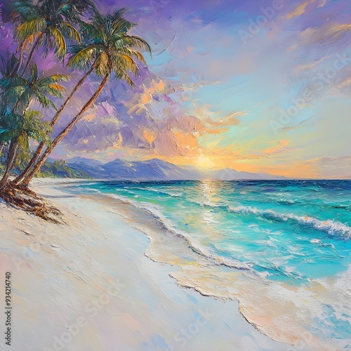 Picturesque Tropical Beach with Vibrant Impressionist Sunset and Swaying Palms