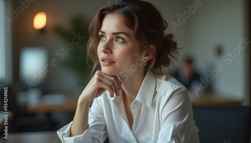 Female architect sitting in office and thinking, facial detail showing expression of concentration with hand supporting her chin