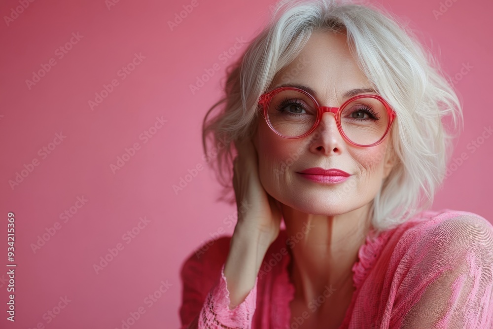 a well-groomed middle-aged woman in a fashionable image is flirting on a bright studio background, Generative AI