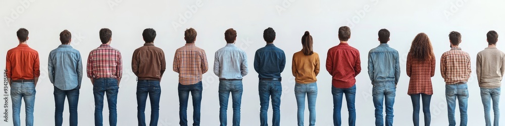 rear view of large group of men and women wearing jeans and standing on white background, Generative AI rear view of large group of men and women wearing jeans and standing on white background, Generative AI
