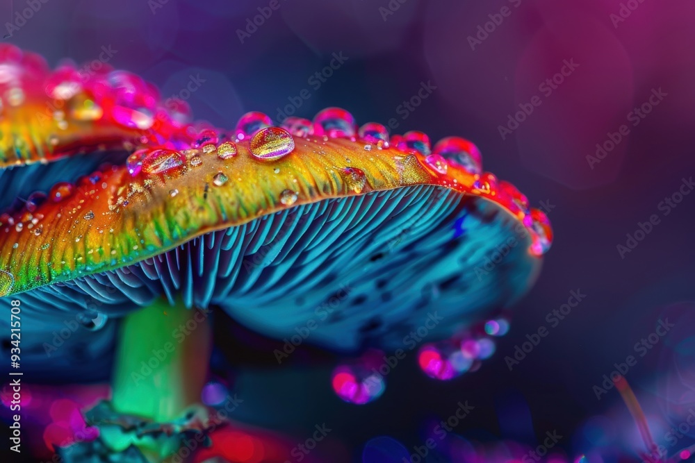 A colorful mushroom with drops of water on it, generative ai image A colorful mushroom with drops of water on it, generative ai image