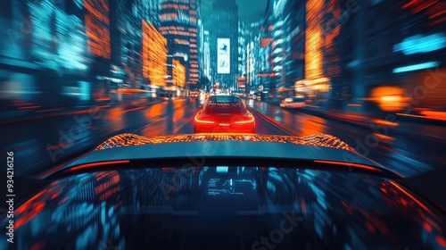 Futuristic Night Drive in a Neon-Lit City with Autonomous Cars in Motion photo