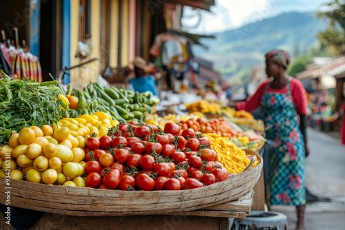 Street market, Madagascar food, street food, Malagasy people in typical colorful clothes, authentic life in Madagascar. Madagascar travel concept, Generative AI photo