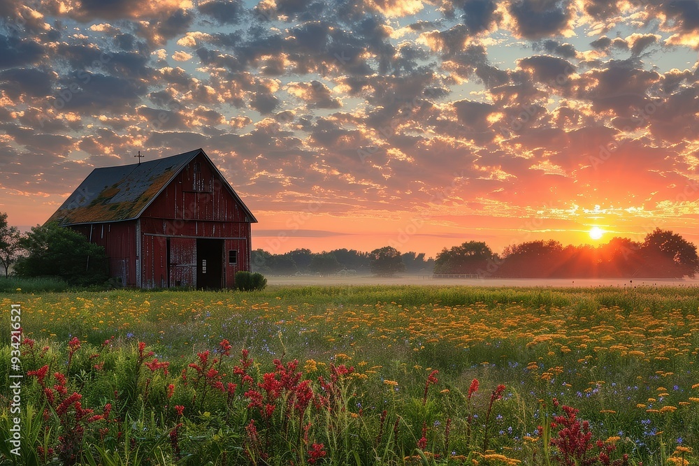 Rural Sunrise: Farmhouse, Red Barn, Wildflowers Rural Sunrise: Farmhouse, Red Barn, Wildflowers