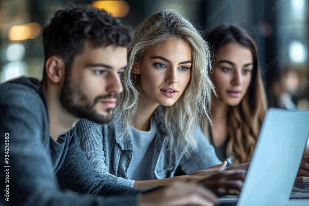 Business growth is a team task. a group of colleagues using a laptop together in a modern office, Generative AI