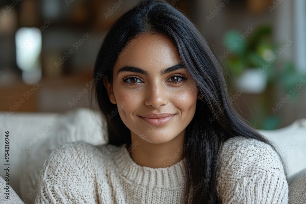 Head shot of smiling Indian woman sitting on couch at home, looking at camera, young female making video call to relatives or friends, chatting online, blogger shooting vlog for social, Generative AI Head shot of smiling Indian woman sitting on couch at home, looking at camera, young female making video call to relatives or friends, chatting online, blogger shooting vlog for social, Generative AI