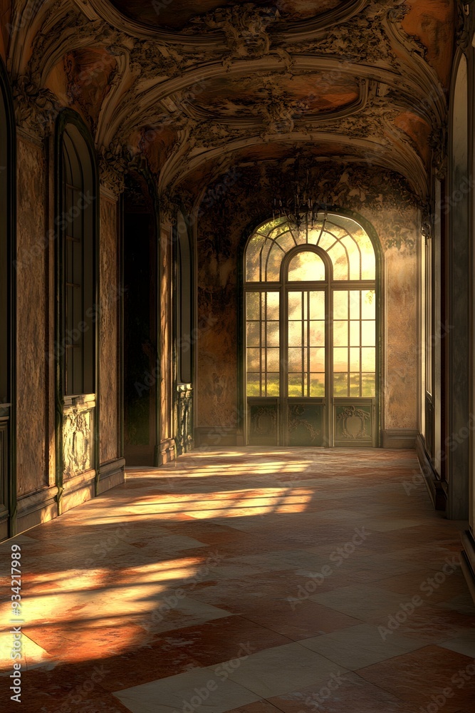 Obraz premium Sunlight Shining Through An Ornate Window In An Empty Hallway