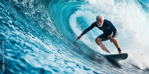 Mature senior adult surfing on a big wave in the ocean, Generative AI