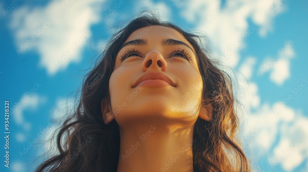 Hispanic woman face looking up at sky with HOPE and FAITH, Generative AI Hispanic woman face looking up at sky with HOPE and FAITH, Generative AI