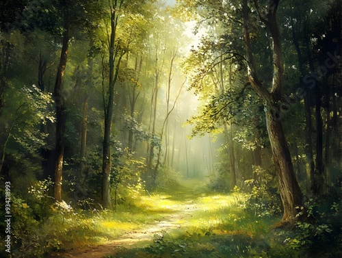 Lush Forest Canopy Bathed in Warm Sunlight Serene Woodland Landscape Painting