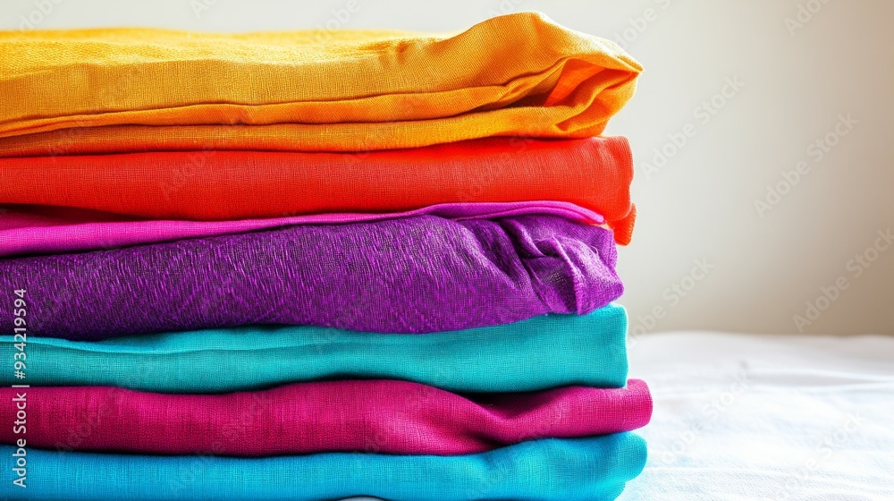 Colorful stack of cotton clothes, close up pile of clothing Colorful stack of cotton clothes, close up pile of clothing