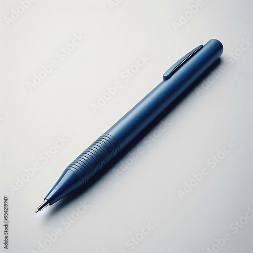 "A simple ballpoint pen with a blue barrel, lying diagonally on a plain white background, with the cap slightly off-center."