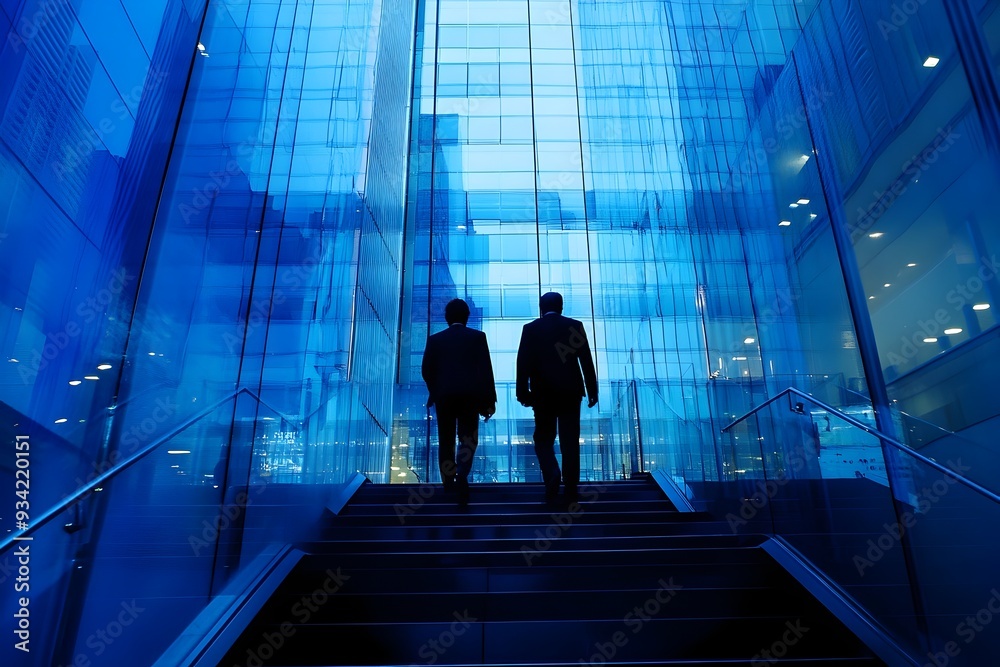 Fototapeta premium Bright and Clean Corporate Office Skyscraper with Reflective Glass Facade Featuring a Sleek Interior Design and Symmetrical Architectural Elements