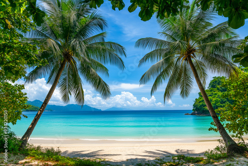 Beautiful tropical landscape with sandy beach and crystal clear turquoise ocean, with lush greenery and palm trees