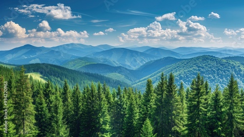 Magnificent panoramic view the coniferous forest on the mighty Carpathians Mountains and beautiful blue sky background. Beauty of wild virgin Ukrainian nature. Peacefulness , ai