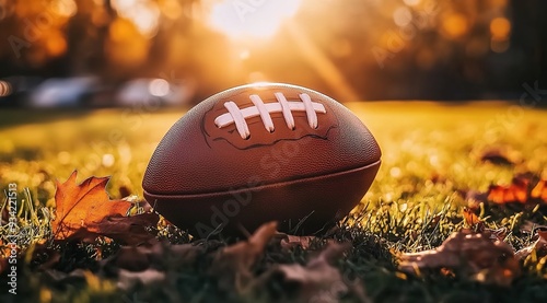 A football on the field, with golden sunlight in the background. 