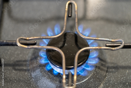 A moka pot on a gas stove, brewing coffee traditionally over an intense blue flame, with controlled heat from the gas stove. Gas ignition and various stages of the flame burning. 