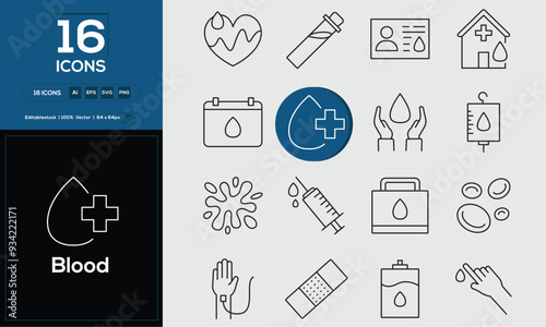 Blood Set of outline icons related to analysis, infographic, analytics. Editable stroke. Vector illustration. 