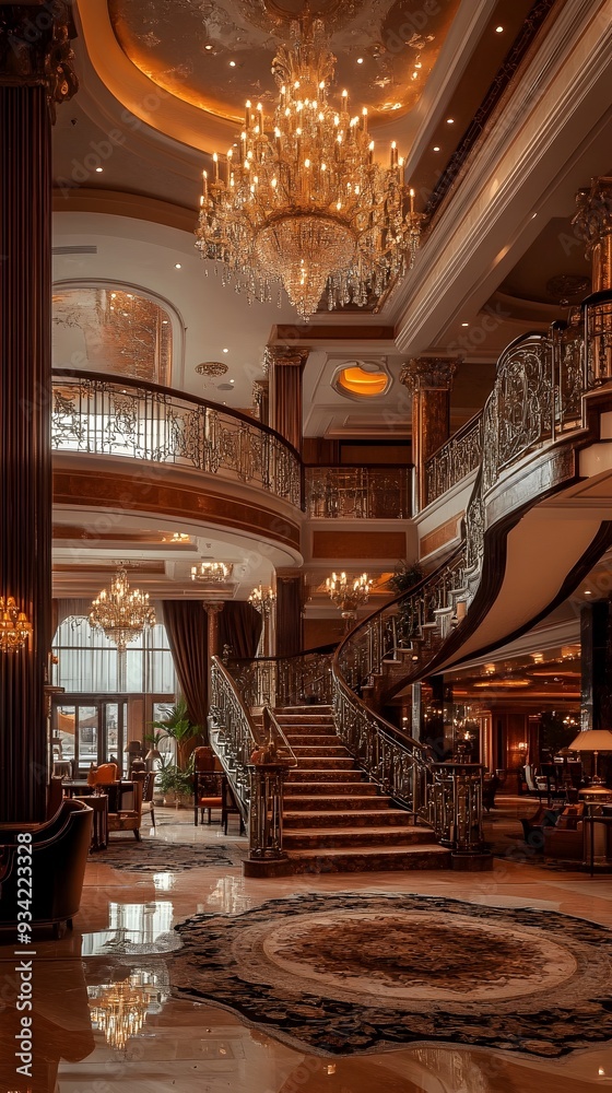 Obraz premium Opulent Neo Classical Hotel Lobby with Ornate Chandeliers and Spiral Staircase