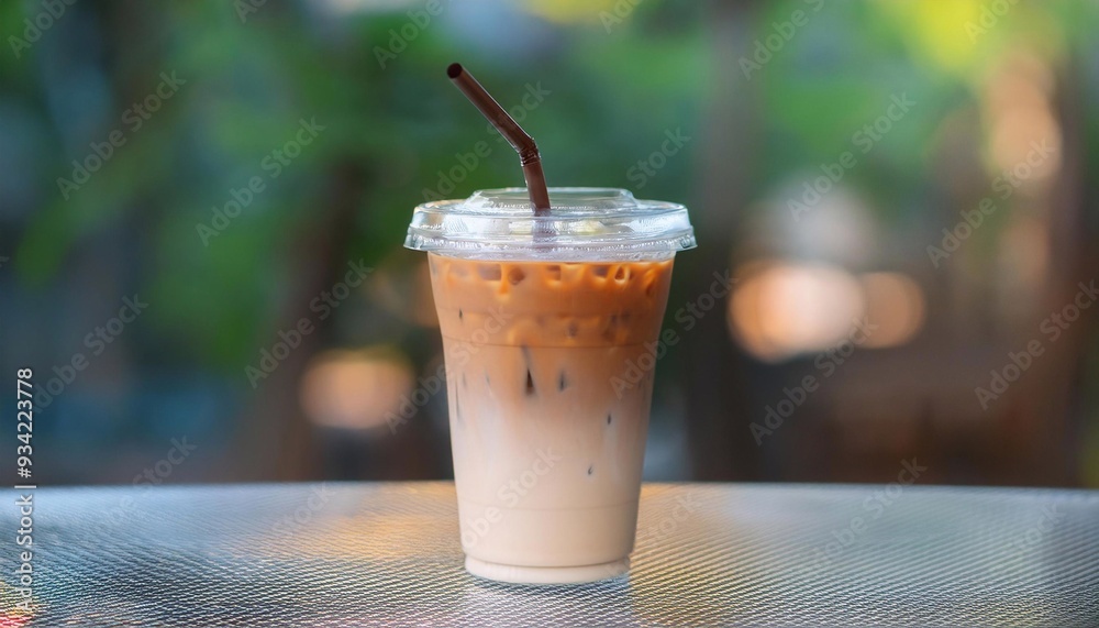 plastic cup with coffee with milk, ice cubes. coffee shop concept
