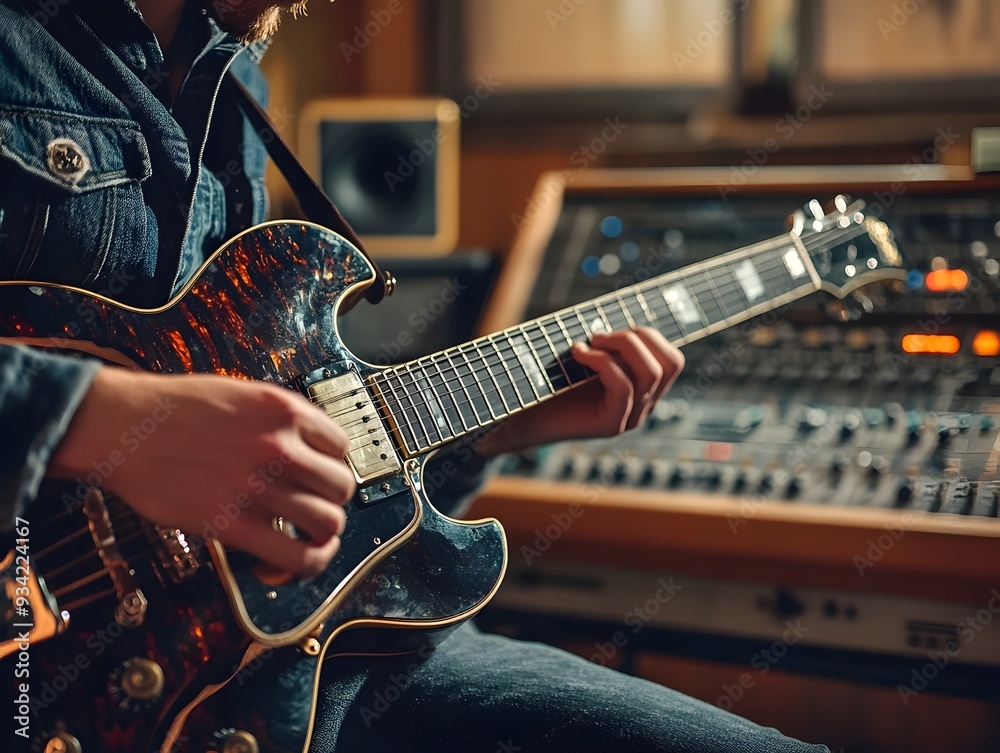 Obraz premium Skilled Musician Expertly Recording Guitar Track in Professional Recording Studio