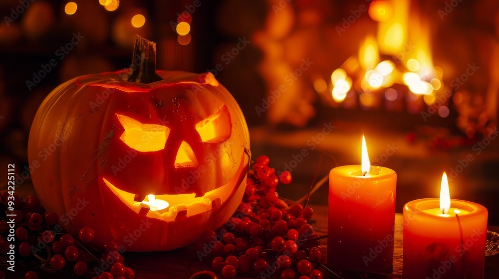 Smiling jack-o-lantern with glowing candlestick, surrounded by candles, and warm fireplace Smiling jack-o-lantern with glowing candlestick, surrounded by candles, and warm fireplace