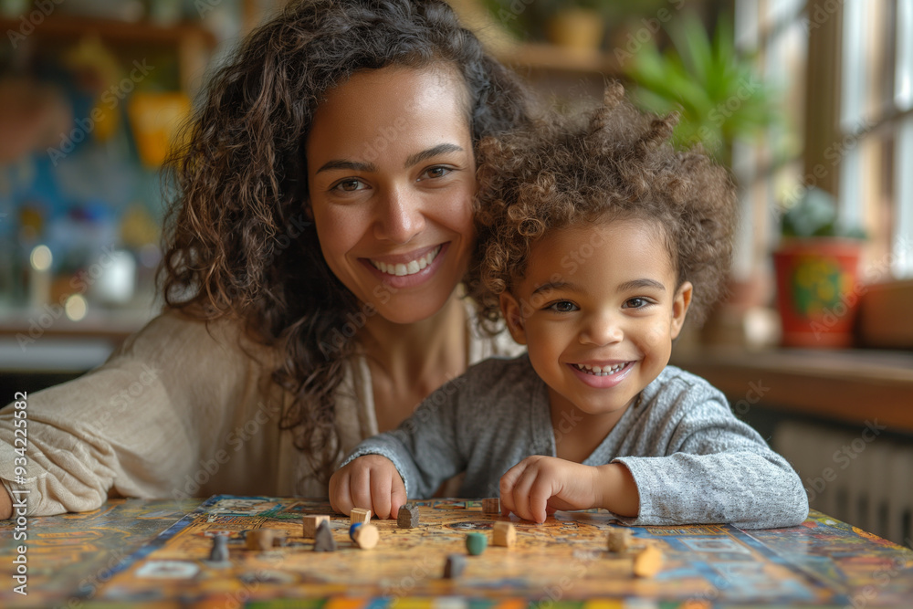 A mother and child smiling together while engaging in a colorful and creative activity at home. A mother and child smiling together while engaging in a colorful and creative activity at home.