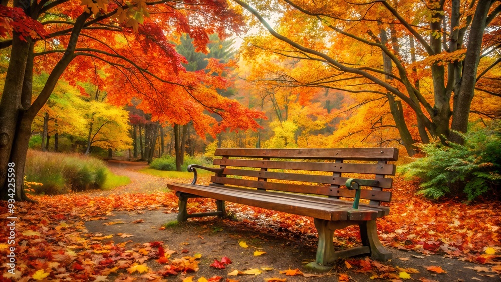 Colorful autumn leaves falling gently on a rustic wooden bench Colorful autumn leaves falling gently on a rustic wooden bench