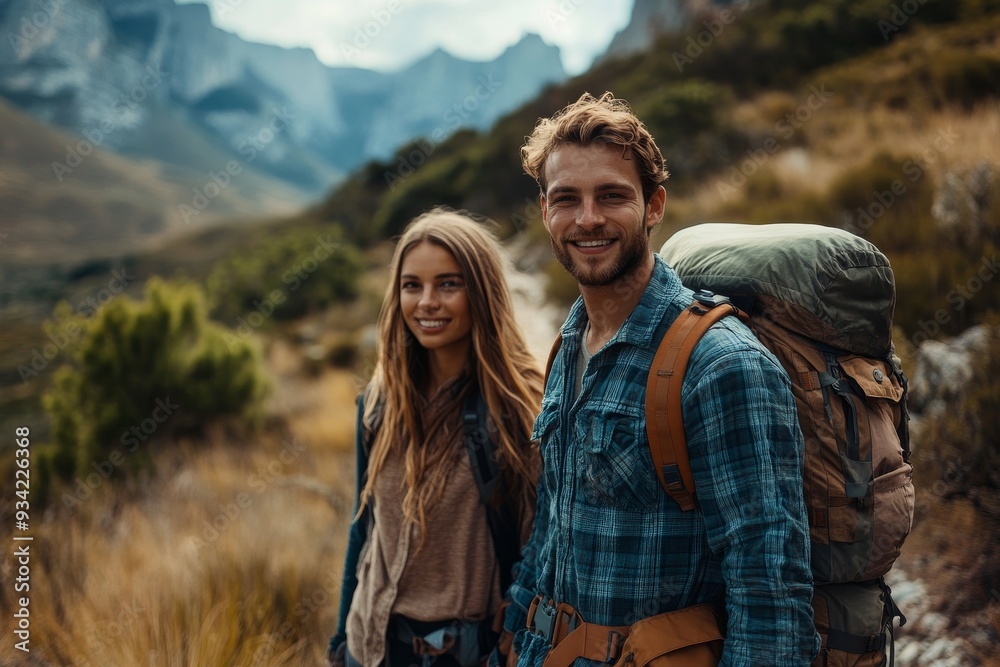 Hiking hand in hand. Shot of an affectionate young couple bonding while out on a hike together, Generative AI Hiking hand in hand. Shot of an affectionate young couple bonding while out on a hike together, Generative AI