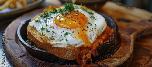 Baked Dish Of Fried Chicken On A Piece Of Bread Then Topped With An Egg And Cheese photo