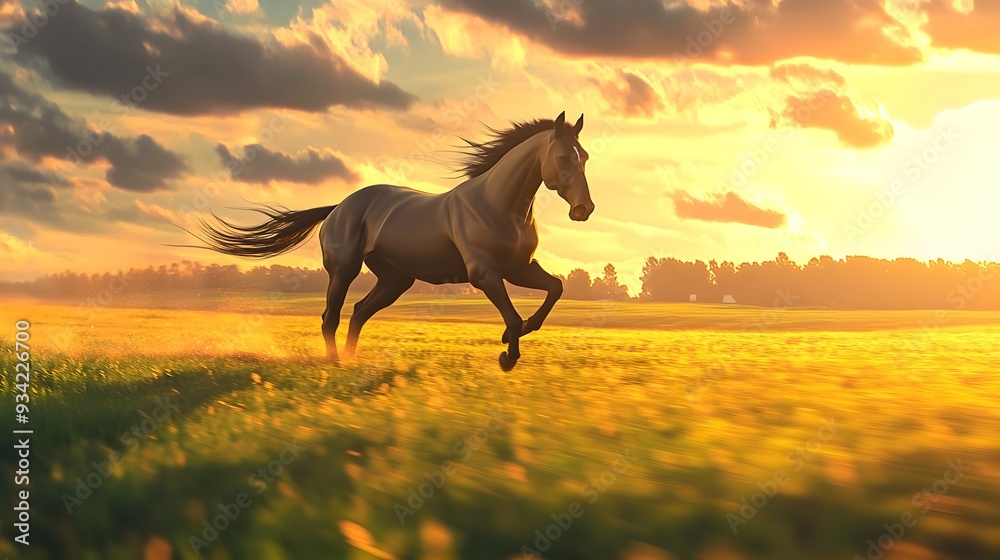 Magnificent Arabian Horse Racing Through Picturesque Countryside in Dynamic Illustrative Poses