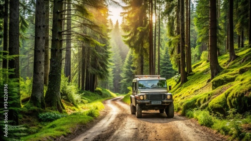 Rugged off-road vehicle traverses a winding dirt path surrounded by lush greenery and towering trees in a serene and tranquil forest landscape.