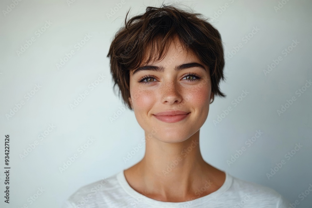Head shot of beautiful caucasian woman with short haircut, smiling and looking confident, standing in t-shirt on white background, Generative AI Head shot of beautiful caucasian woman with short haircut, smiling and looking confident, standing in t-shirt on white background, Generative AI