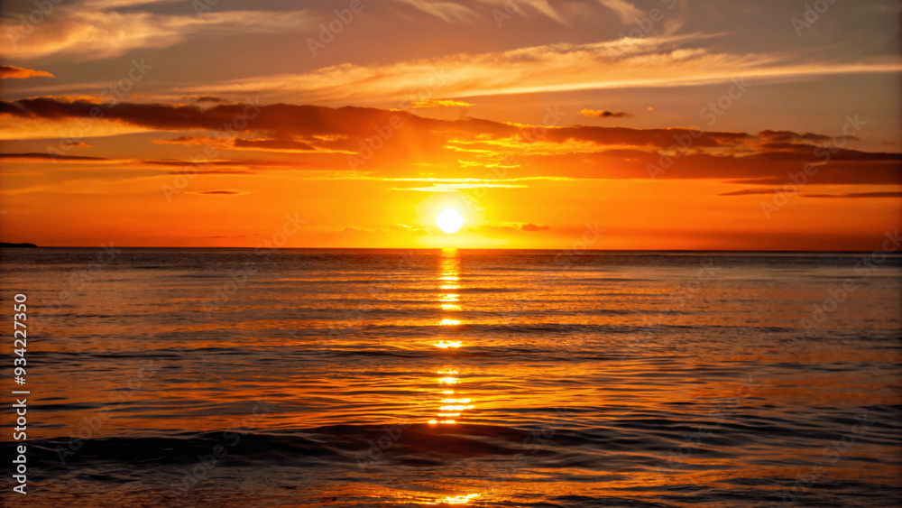 A beautiful sunset over a calm ocean with the sun dipping below the Horizon A beautiful sunset over a calm ocean with the sun dipping below the Horizon