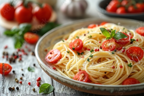 A bowl of spaghetti topped with fresh cherry tomatoes, basil, and cheese, perfect for a delicious meal.