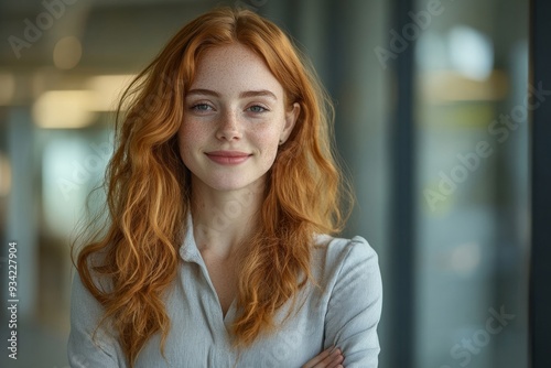 Smiling confident young ginger woman manager with arms folded in corporate office building interior, Generative AI