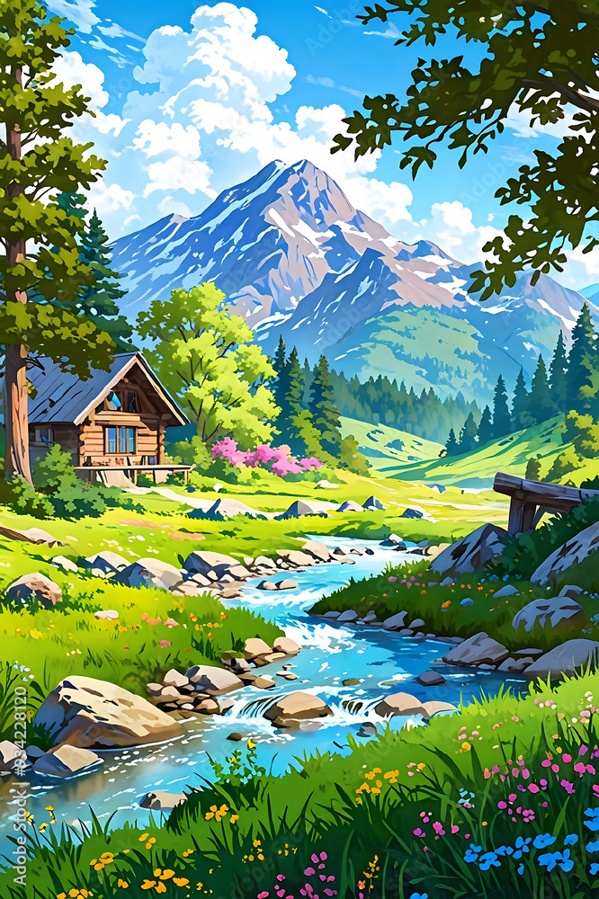 Naklejka premium illustration of landscape, scenic mountain cabin by a stream in a vibrant summer, anime art style, wood house.