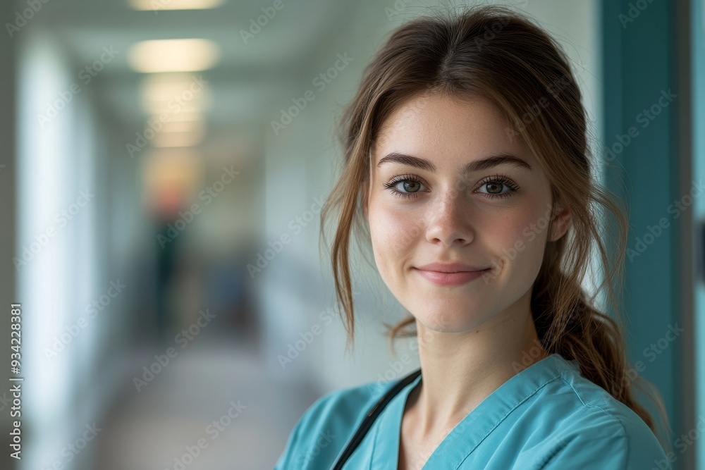 Female healthcare worker standing in hospital corridor, Generative AI Female healthcare worker standing in hospital corridor, Generative AI