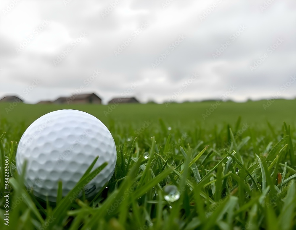 A white golf ball on a damp green grass field after a light rain, droplets of water sparkling on the grass blades, with a cloudy sky in the background create with ai A white golf ball on a damp green grass field after a light rain, droplets of water sparkling on the grass blades, with a cloudy sky in the background create with ai