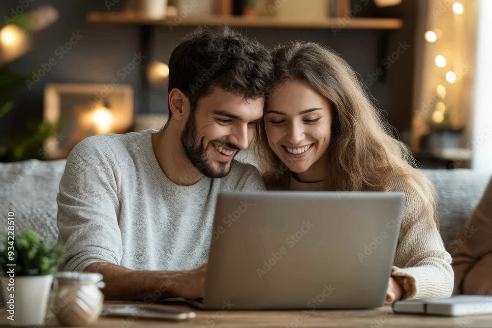 Lets see what furniture we can buy online. Shot of a young couple using a laptop while moving house, Generative AI Lets see what furniture we can buy online. Shot of a young couple using a laptop while moving house, Generative AI