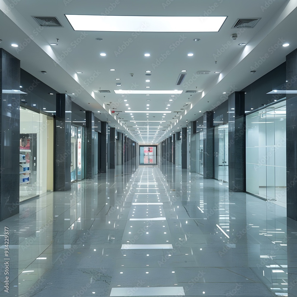 Fototapeta premium Modern Empty Shopping Mall Corridor with Bright Lights