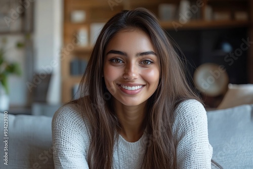 Head shot portrait smiling attractive Indian woman making video call, sitting on couch at home, happy young female chatting online with friends or relatives, internet meeting, blogger, Generative AI