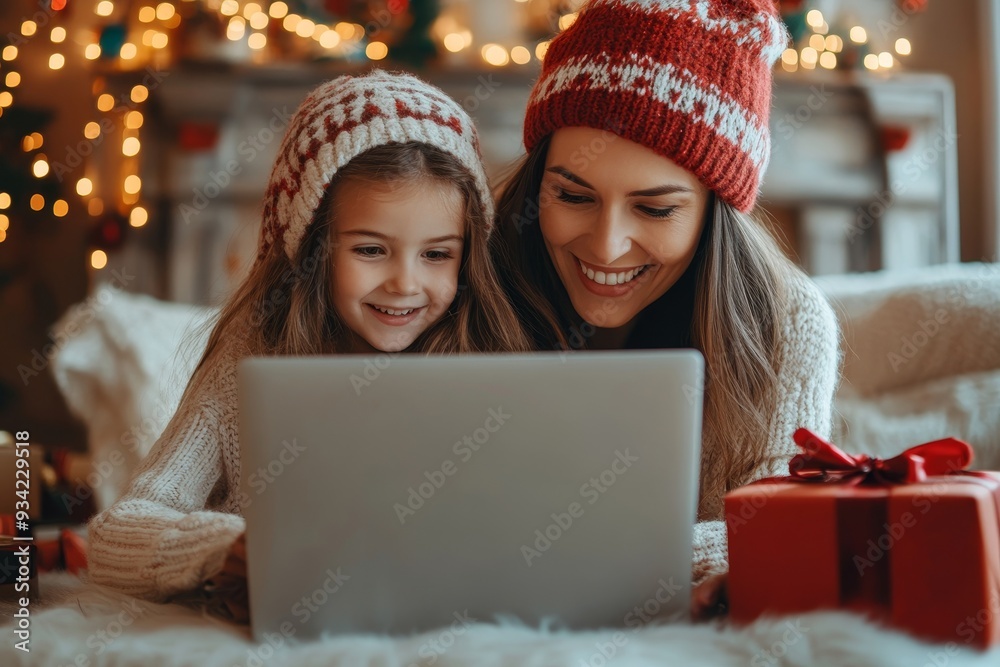 Holiday shopping online.Family make purchases in the Internet on Black Friday. Happy mother and child girl are enjoying buying gifts with laptop in cozy living room at home. Kid and woman,GenerativeAI Holiday shopping online.Family make purchases in the Internet on Black Friday. Happy mother and child girl are enjoying buying gifts with laptop in cozy living room at home. Kid and woman,GenerativeAI