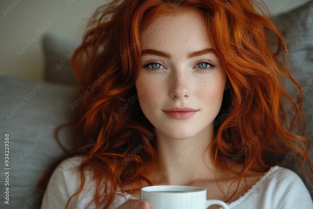 custom made wallpaper toronto digitalBeautiful redhead woman with cup of tea sitting on sofa at home, Generative AI