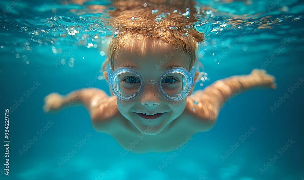 Naklejka premium Happy kid have fun in swimming pool. swimming under water, Funny child swim, dive in pool jump deep down underwater from poolside. Healthy lifestyle, people water sport activity, Generative AI