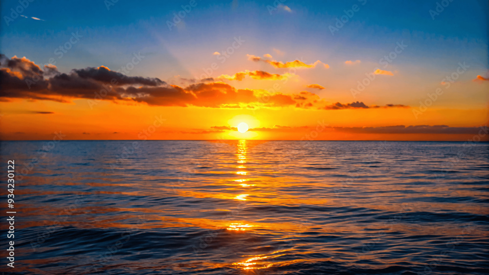 Fototapeta premium A beautiful sunset over a calm ocean with the sun dipping below the Horizon