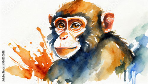 Watercolor monkey, animal portrait. Beauty of wildlife, natural habitat. Nature environment photo